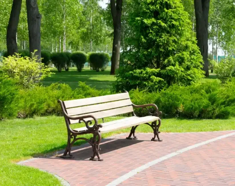 Empty wood and metal bench on a paver pathway in front of lush green landscape.