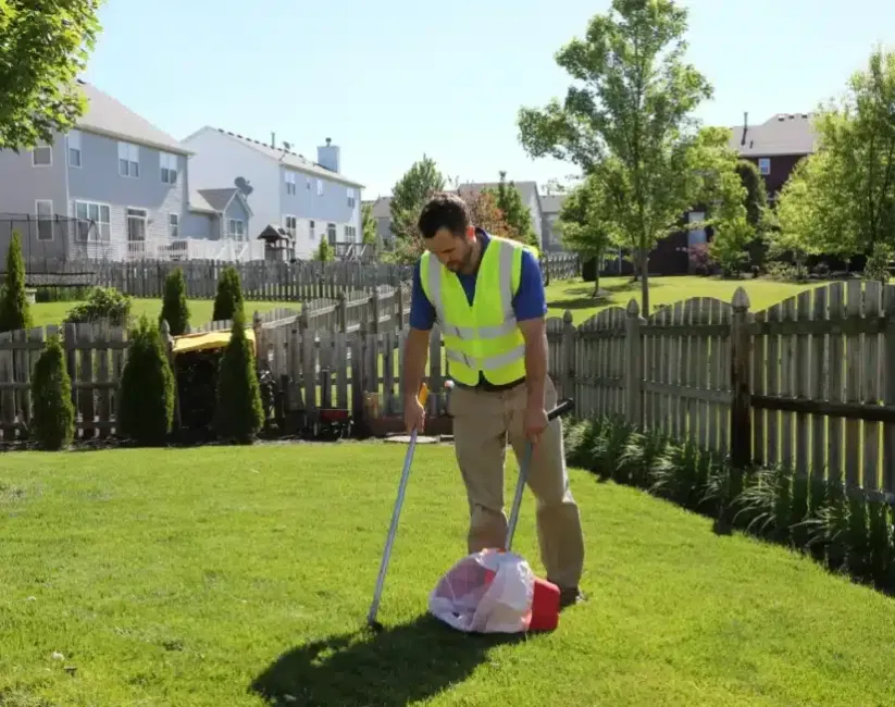 Man in safety vest scooping dog waste from a yard in a suburban neighborhood.