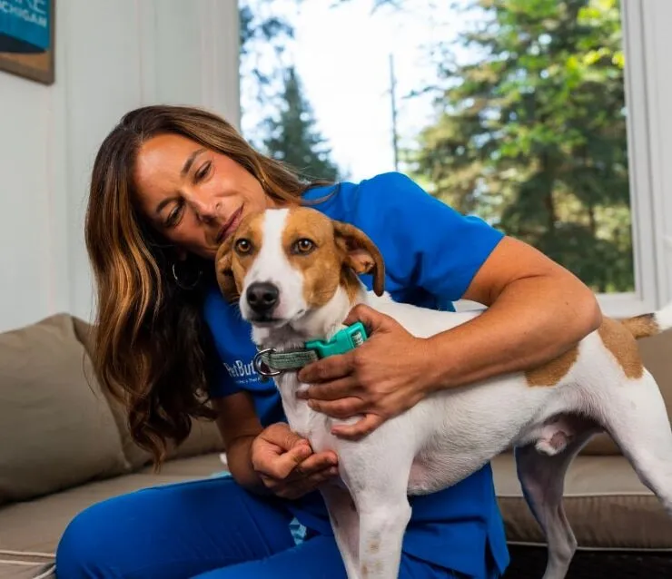 Veterinarian and Pet Butler consultant, Dr. Lisa McIntyre, sitting next to a medium sized white and brown dog.