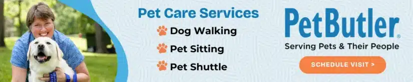Pet Butler learn more about our pet care services banner. We offer the following pet care services: dog walking, pet sitting, and pet shuttle. Image is of a Pet Butler employee smiling and laughing hugging a white Labrador retriever dog