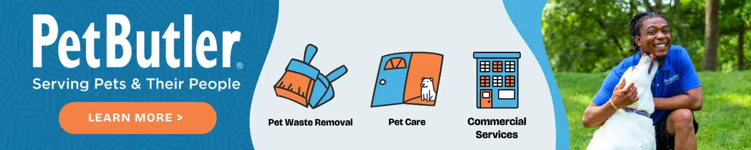 Pet Butler learn more about our services banner. We offer the following pet services: pet waste removal, pet care, and commercial services. Image is of a Pet Butler employee smiling and laughing hugging a white Labrador retriever dog.