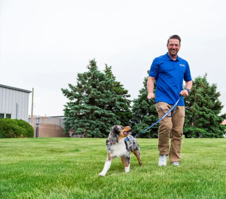 Steven Chmielewski, owner of Pet Butler Tacoma WA, seen walking a dog on the green grass on a sunny day