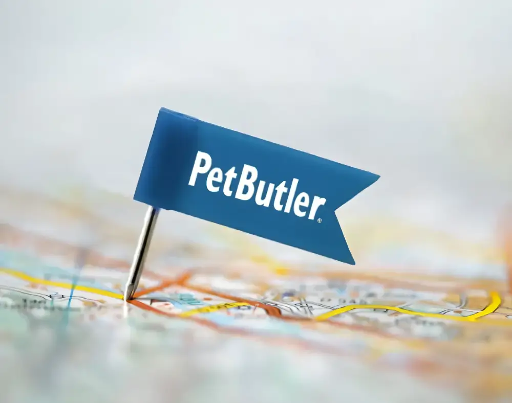Small, blue Pet Butler logoed flag pinned to a map.